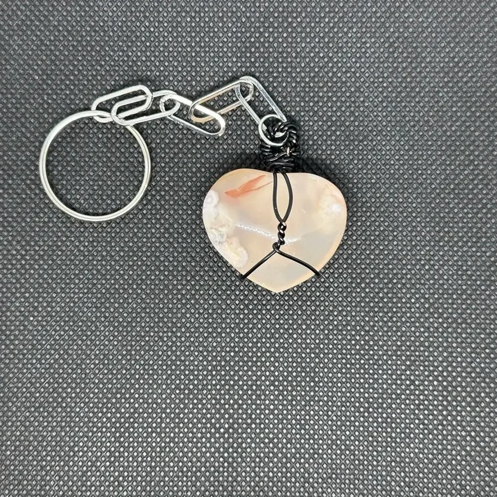 Flower Agate keychain wire wrapping distressed black wire handmade
